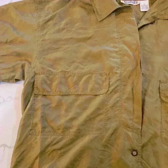 VTG Ann Taylor Women 100% Silk Long Sleeve Blouse Olive Green Size Large - Picture 6 of 10